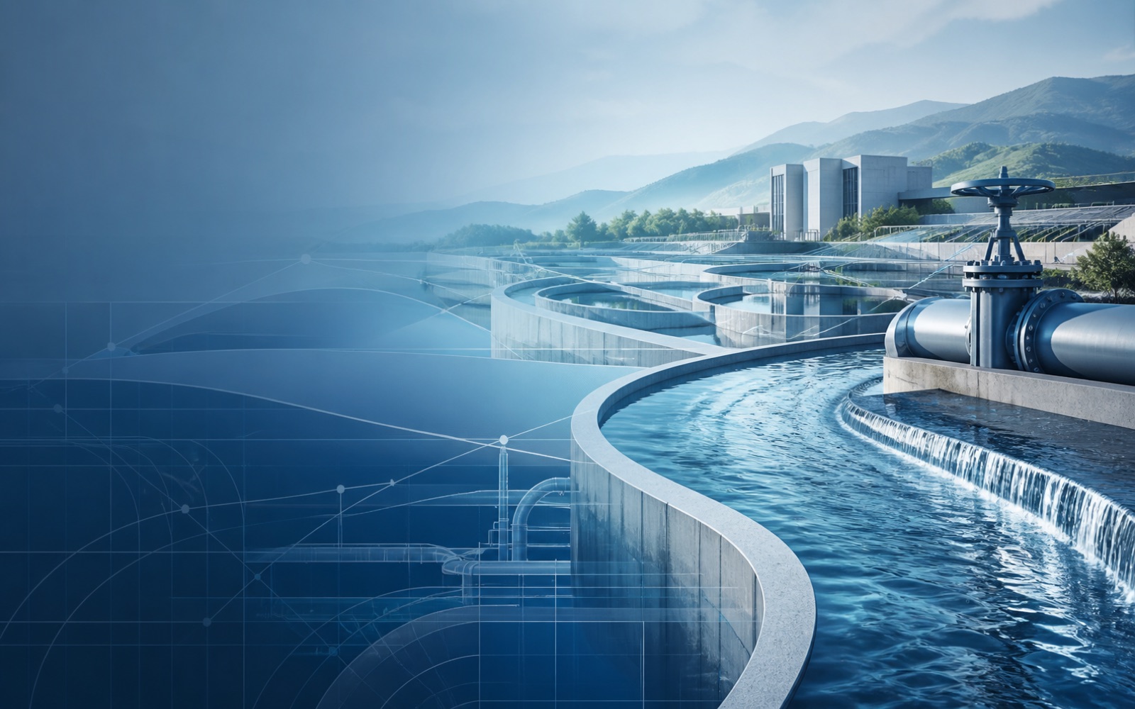 Conceptual visualization of municipal water networks and treatment infrastructure